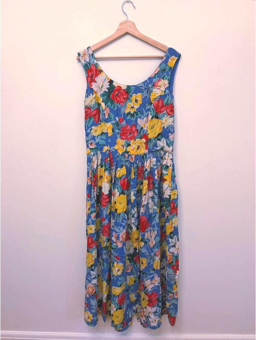 Vintage 1990s Floral Sundress | Blue Cottagecore Maxi Dress, Garden Party Style